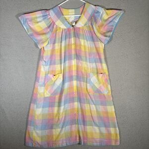 Vntg Izzy’s Place Madras Plaid MuuMuu Snap Buttons Cap Sleeve Pockets Coquette